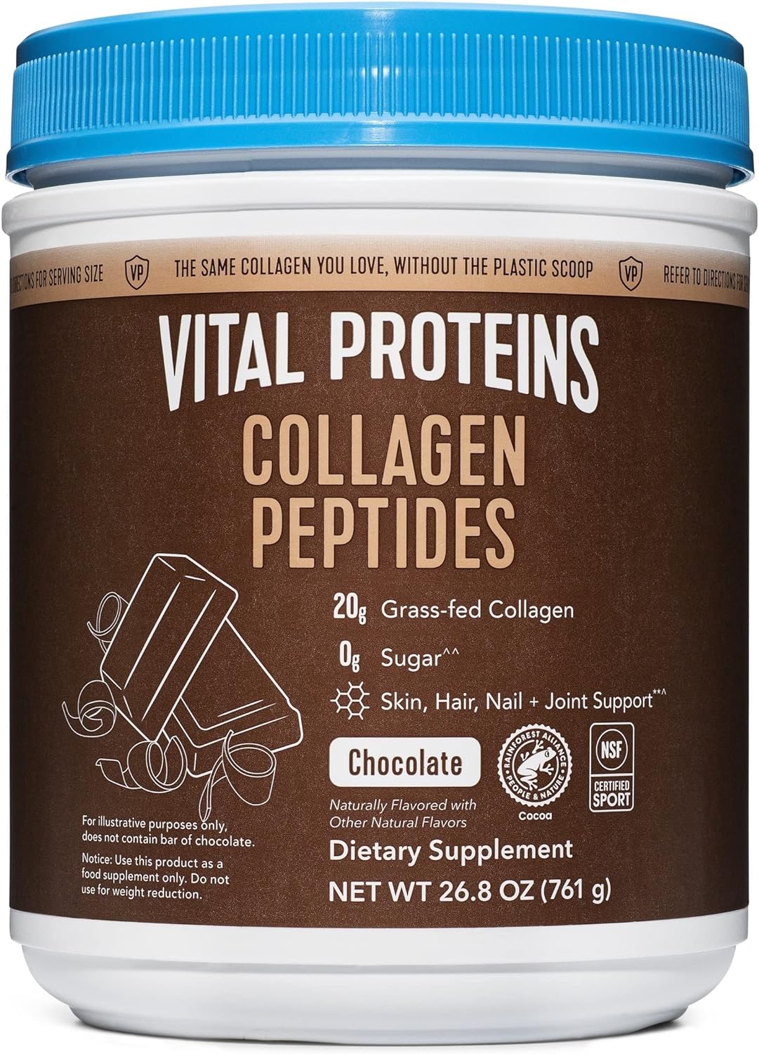 Vital Proteins Chocolate Collagen Powder Supplement (Type I, III) for Skin Hair Nail Joint - Hydrolyzed Collagen - Dairy and Gluten Free - 27g per Serving - Chocolate Flavor, 26.8 oz Canister