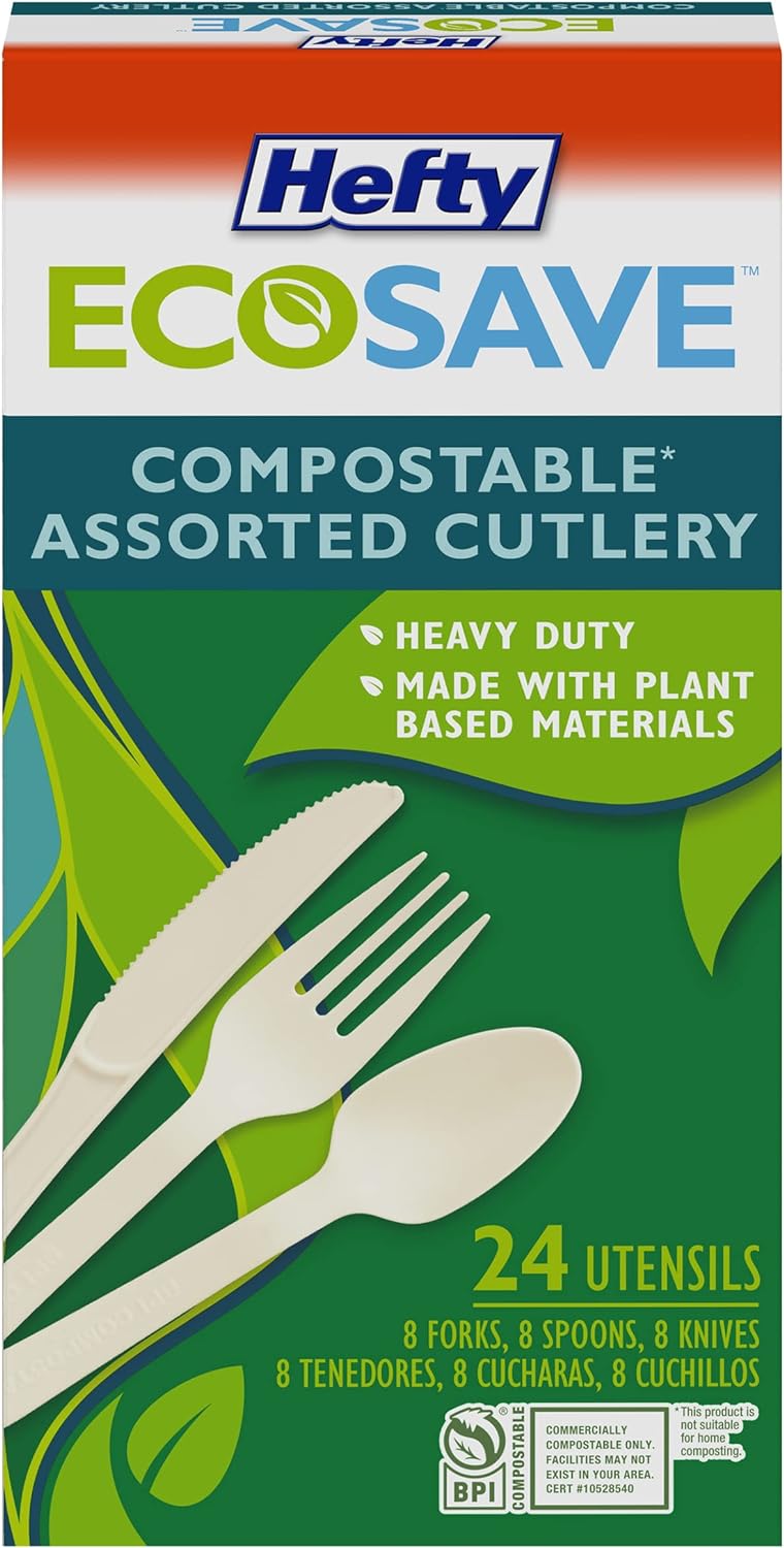 Hefty ECOSAVE Heavy Duty Assorted Cutlery, White, 24 Count, Pack of 8